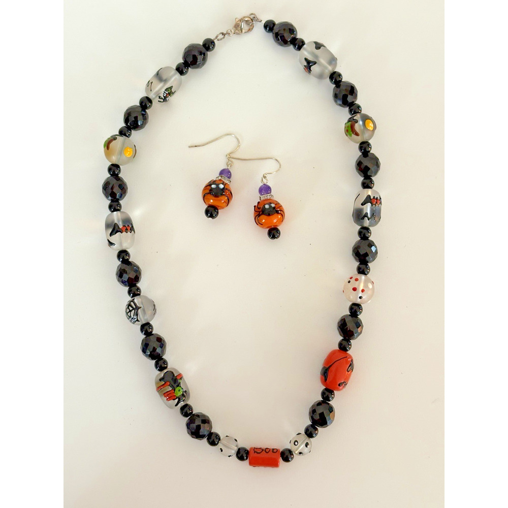 Halloween Hand Painted Glass Bead Rhinestone 20" Necklace Matching Earrings Set